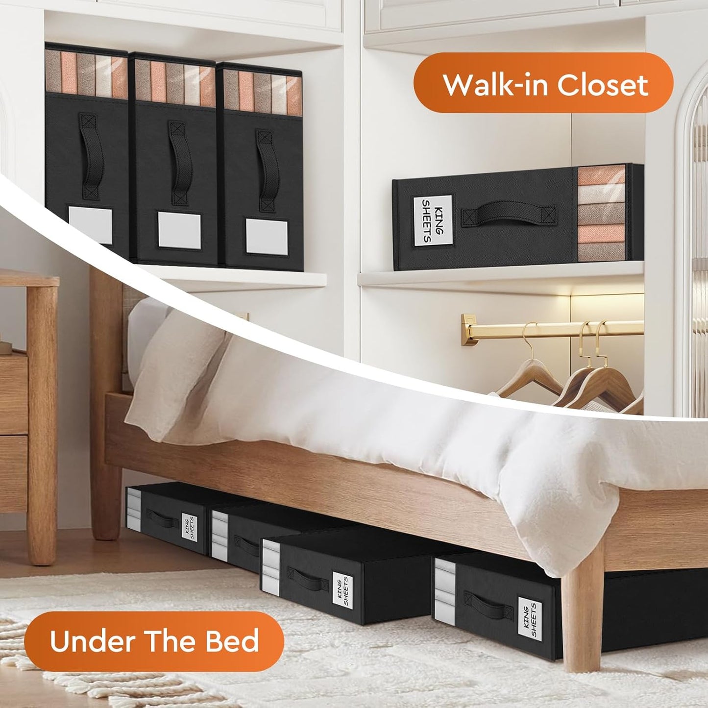 4 Pack Bed Sheet Closet Organizers and Storage,Sturdy Foldable Storage Containers with Window and Label,Storage and Organization for Bedding Sheets,Duvet Covers,Blankets (Black)