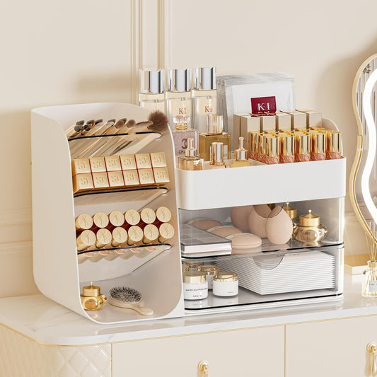 Makeup Organizer with Drawers,Large Capacity Countertop Organizer for Vanity,Bathroom and Bedroom Desk Cosmetics Organizer,Easy To Storage Skincare,Brushes, Eyeshadow,Lipstick (White, Large)