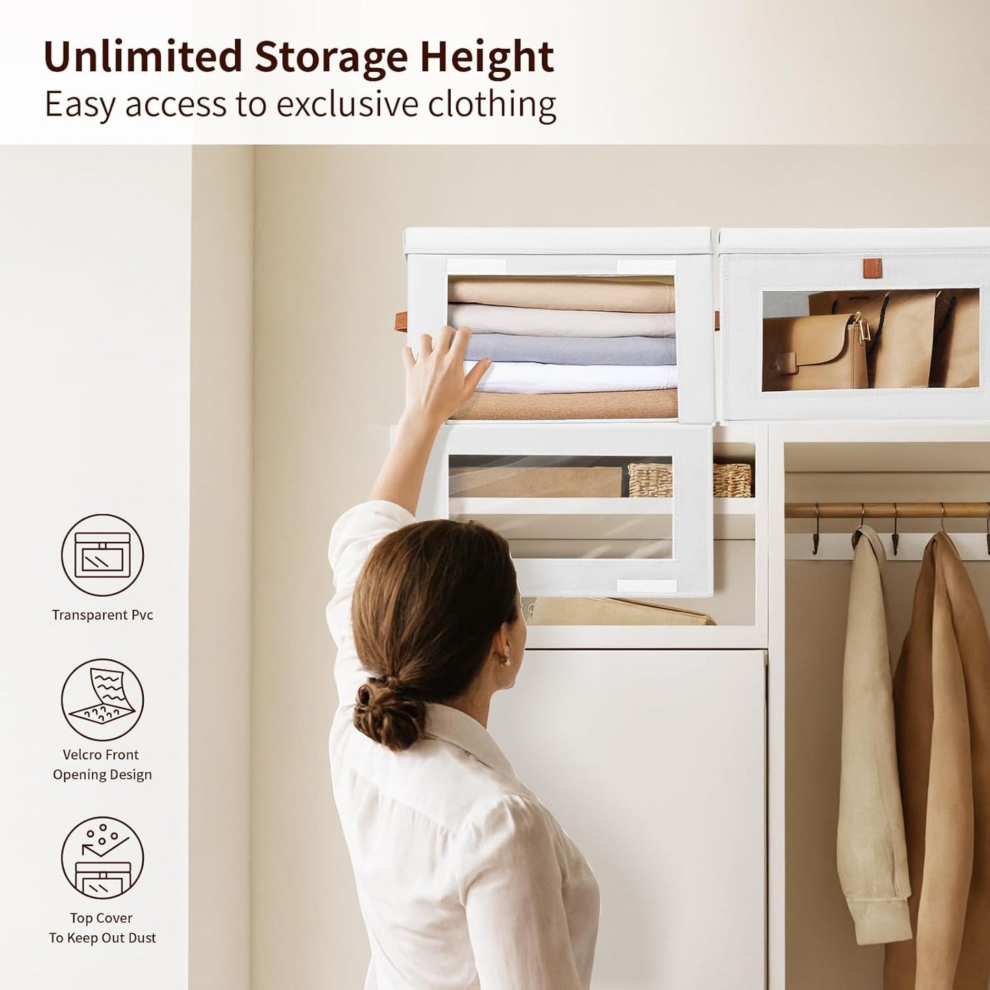 Large Clothing Storage Bins - Collapsible Boxes with Handles & Window, Decorative Organizer Bins with Lids, Fabric Containers for Living Room, Dorm, 6 Pack, White