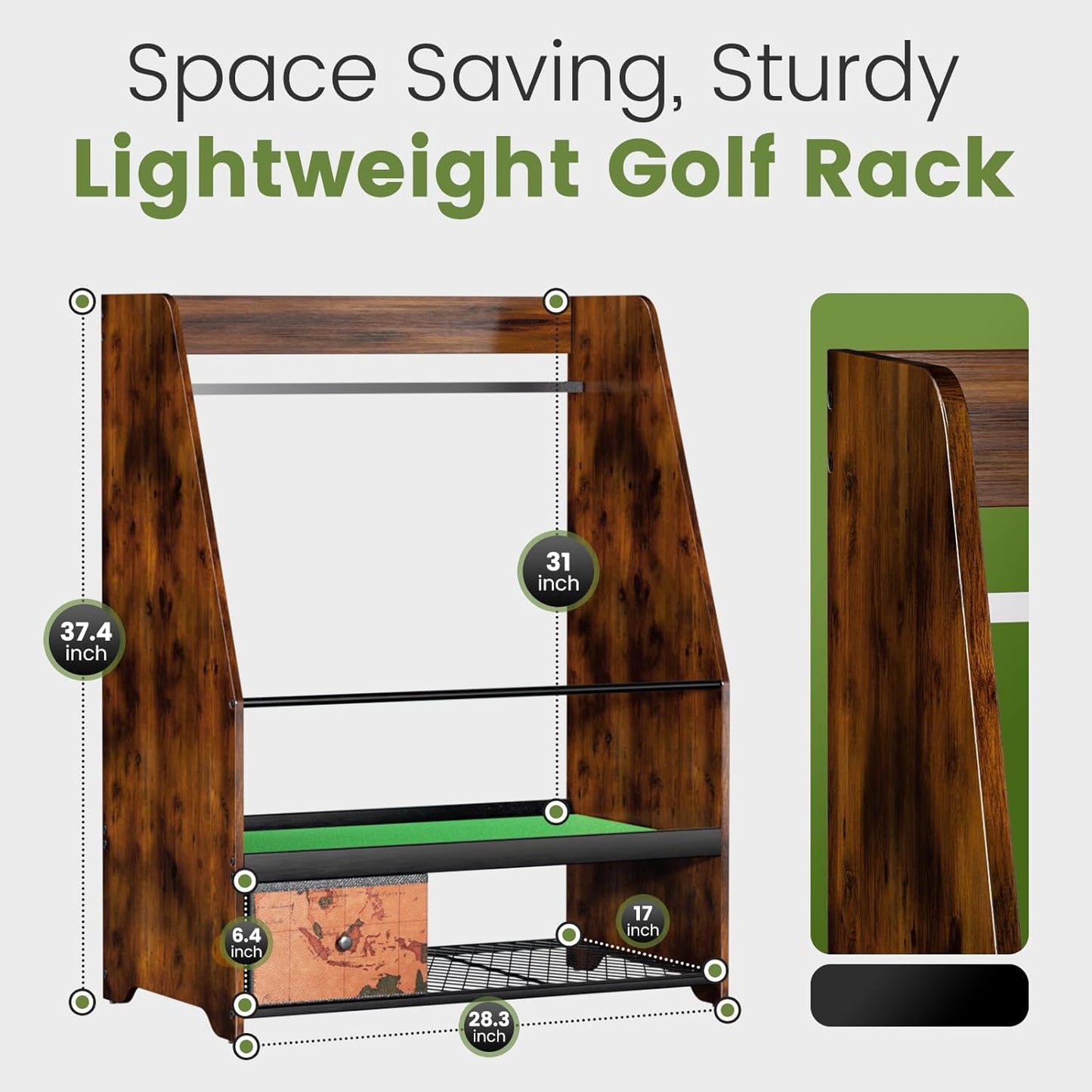 Golf Bag Organizer Rack – Large Wooden Golf Storage for 2 Bags, Clubs & Accessories with Dustproof Drawer, Sports Equipment Rack for Garage, Practice Room, Home or Office (Black)