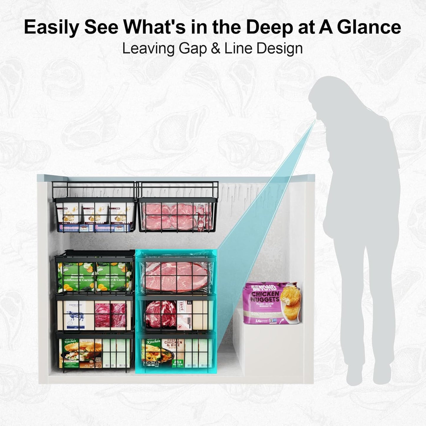 iSPECLE Deep Freezer Organizer Bins - 3 Pack Large Freezer organizer Bins, Hanging Basket Expands to 22.6" (L), Stackable Bins Expand to 17.1"(L), Fit 10 to 20 Cu.FT, 1 Hanging & 2 Stacking, Black