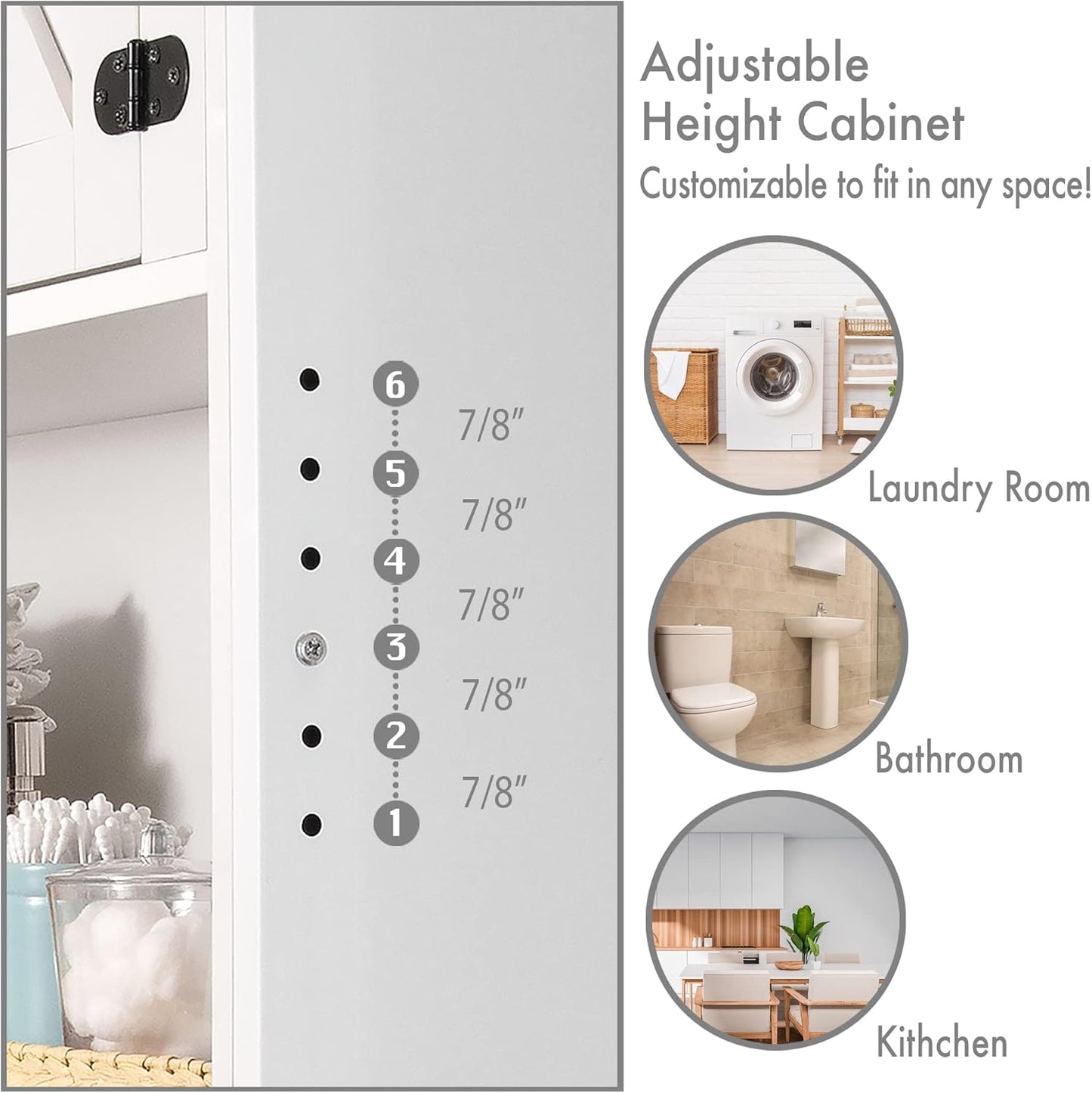 Over The Washer or Over The Toilet Storage Cabinet w/Height Adjustable Shelf Laundry Room/Bathroom Organizer Rack, 2-Door Freestanding Rack Space Saver, White