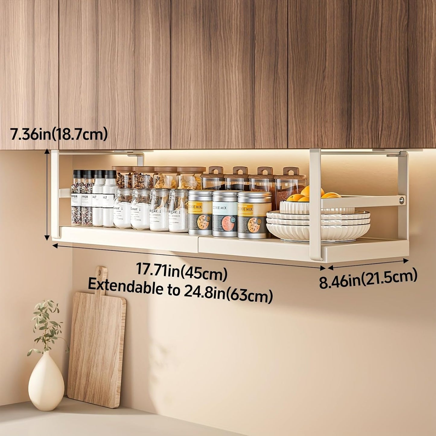 Hanging Under Shelf Storage Basket, Adjustable Width Under Cabinet Add-on Storage Racks, Heavy Duty Slide-in Baskets Organizer for Cabinet Pantry Kitchen, 1 Pack, 8.46"D x 17.7"W x 7.36"H