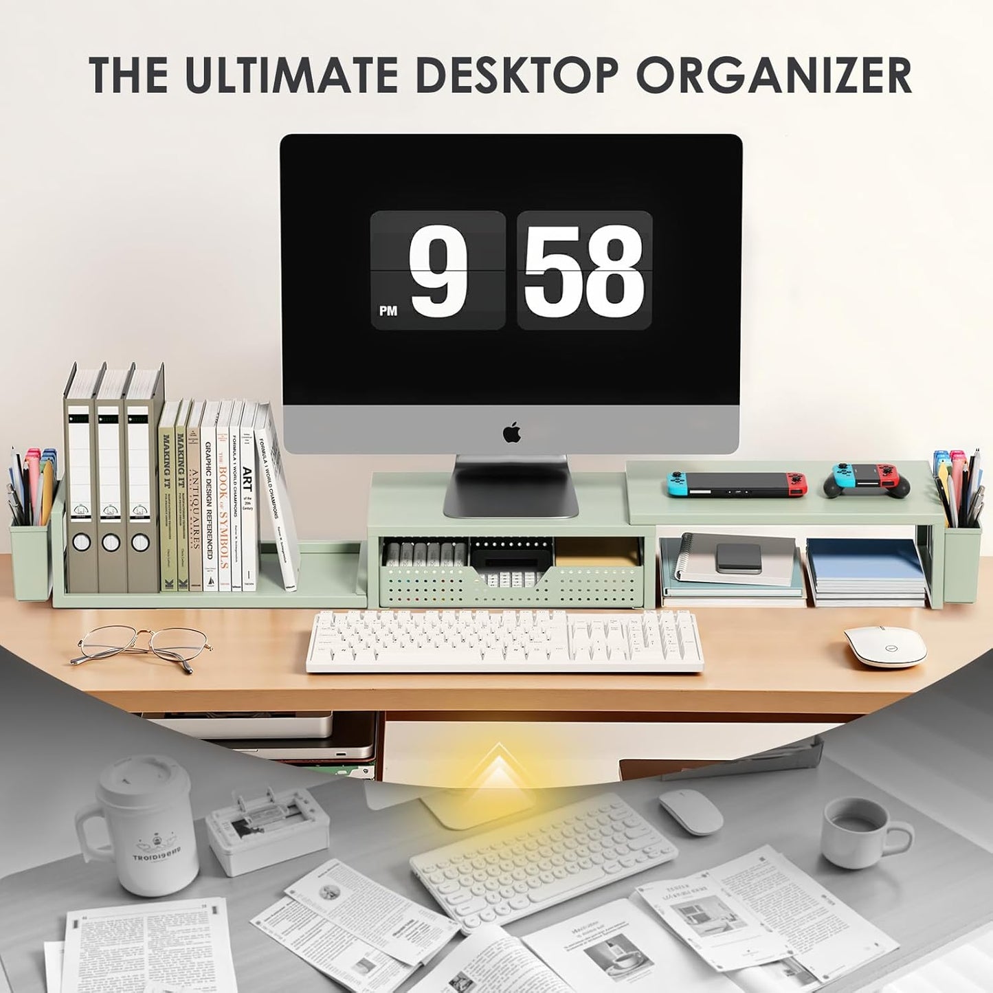 OPNICE Desk Organizers and Accessories, Dual Monitor Stand Riser with Drawer and 2 Pen Holders, Desk Shelf Metal Computer Monitor Stand for Office Workspace Organizers, Desktop Organization (Green)