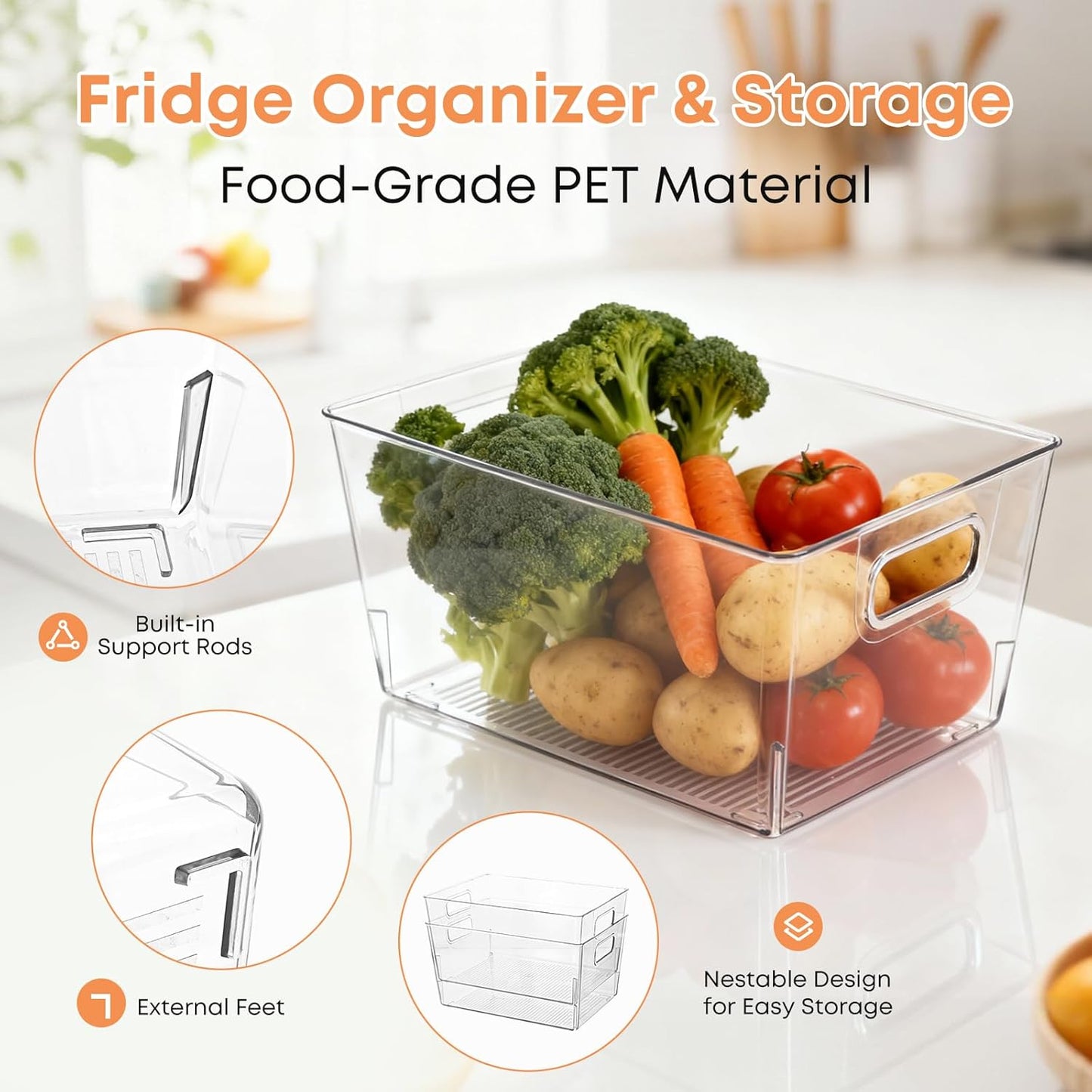 MOONEDGE 6 Pack Large Plastic Storage Bins, 11"x8"x6" Food-Grade Clear Containers Safe for Direct Food Contact, Pantry Storage for Kitchen, Fridge & Freezer, Versatile Organizers for Closet & Home