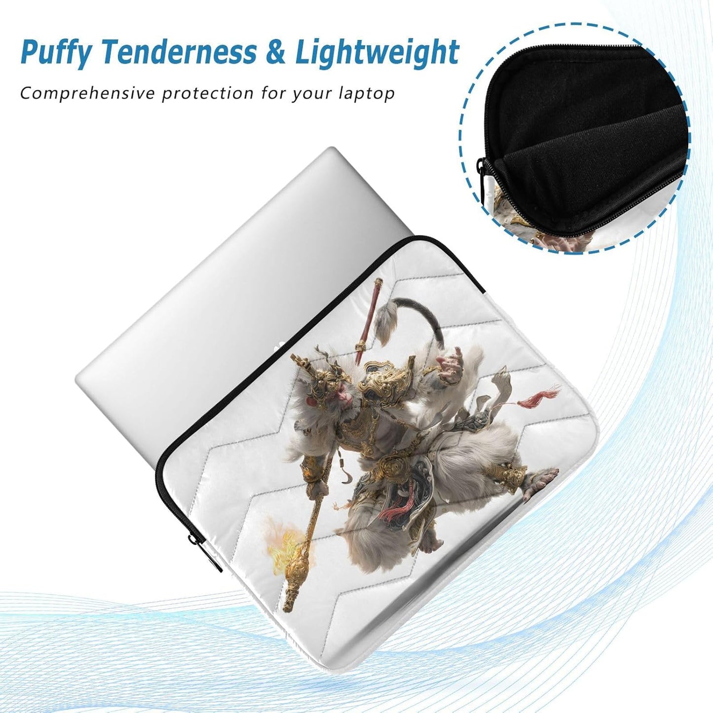 Quilted Laptop Sleeve Case,Slim Portable White Computer Protective Cover,Wukong(13'' - 14'')