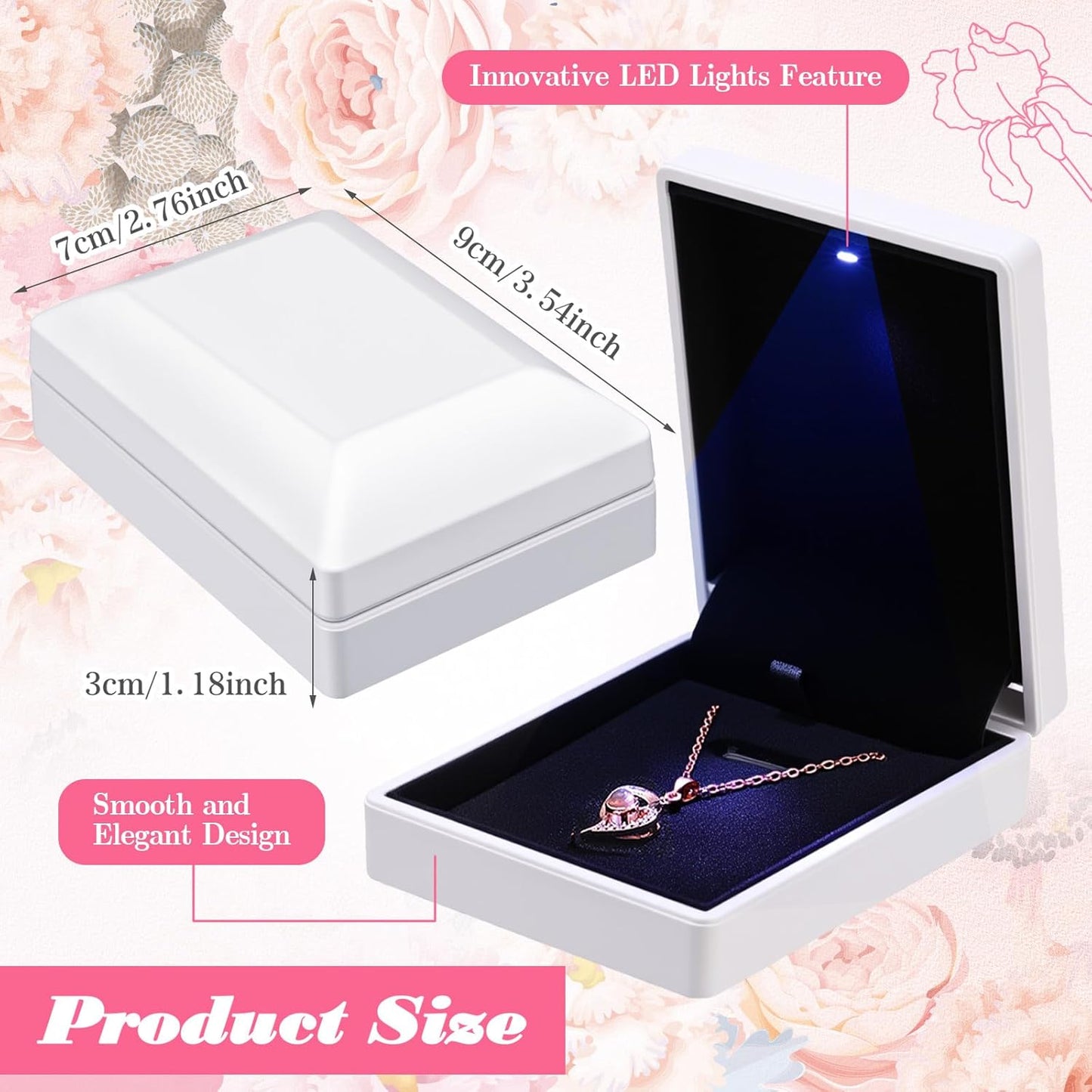 Landical 10 Pcs Pendant Necklace Box with LED Light Velvet Necklace Case for Pendant Bracelet Ring Earring, Jewelry Storage(White)