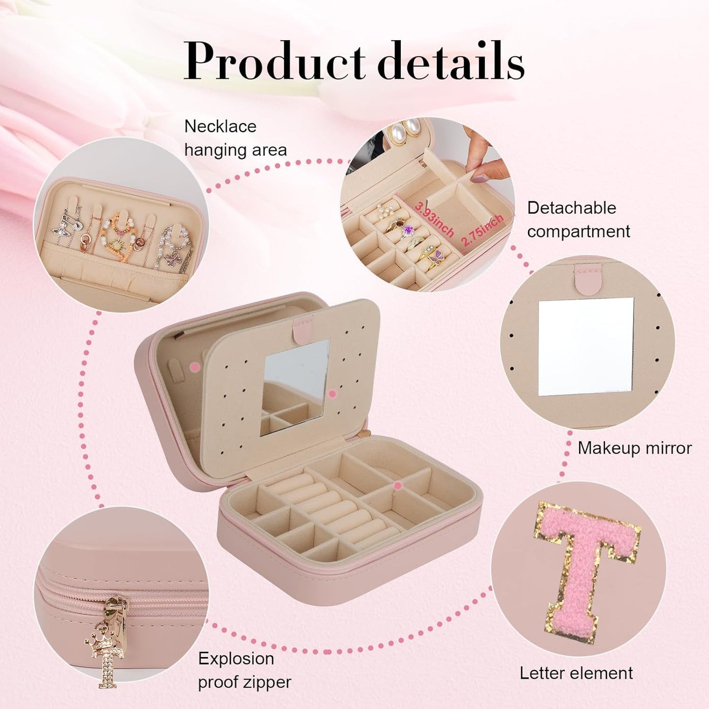TopPerfekt Travel Jewelry Case, Jewelry Box with Mirror, Jewelry Organizer Bridal Shower Gifts to Her, Earring Storage Travel Case, Trendy Gift for Women and Girls, Girlfriend-Letter T, Pink