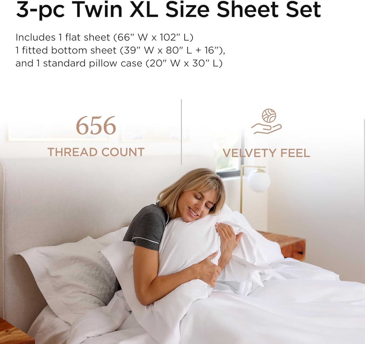 Threadmill Twin XL Sheet Sets | 656 Thread Count Supima Cotton Sheets for Twin XL Mattress | Solid Sateen Bed Sheets Set |16” Deep Pocket | Soft Breathable 3-Piece Cooling Sheet Set | White