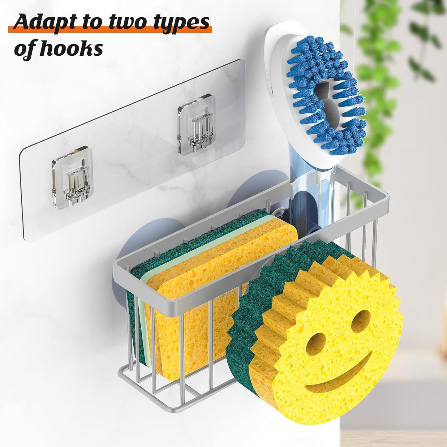 Sponge Holder Smiley Face,Sink Caddy,Kitchen Organizer with 2 Suction Cups/1 Adhesive Strips,Designed for Sponge,Soap,Dish Brush,Scrubber - Gray