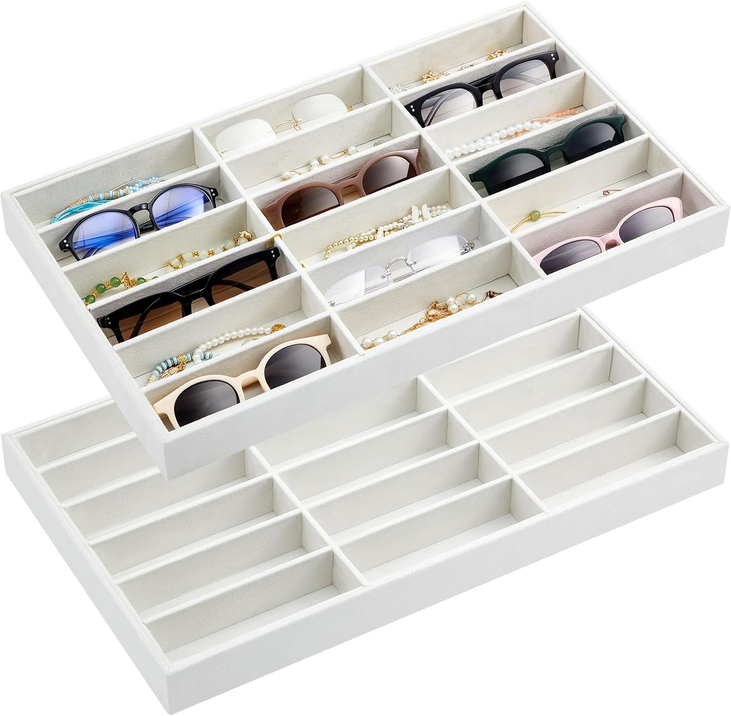 Amylove 2 Pcs Sunglass Organizer Trays Glasses Stackable Jewelry Trays Sunglass Organizer Display Box(18 Grids,Beige)