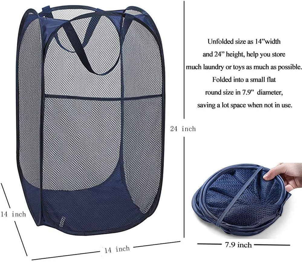 Larpur Popup Mesh Laundry Basket, Collapsible Clothes Washing Laundry Hamper with Reinforced Carry Handles, Portable Foldable Dirty Clothes Hamper for Home Dorm Cruise Travel (Blue)
