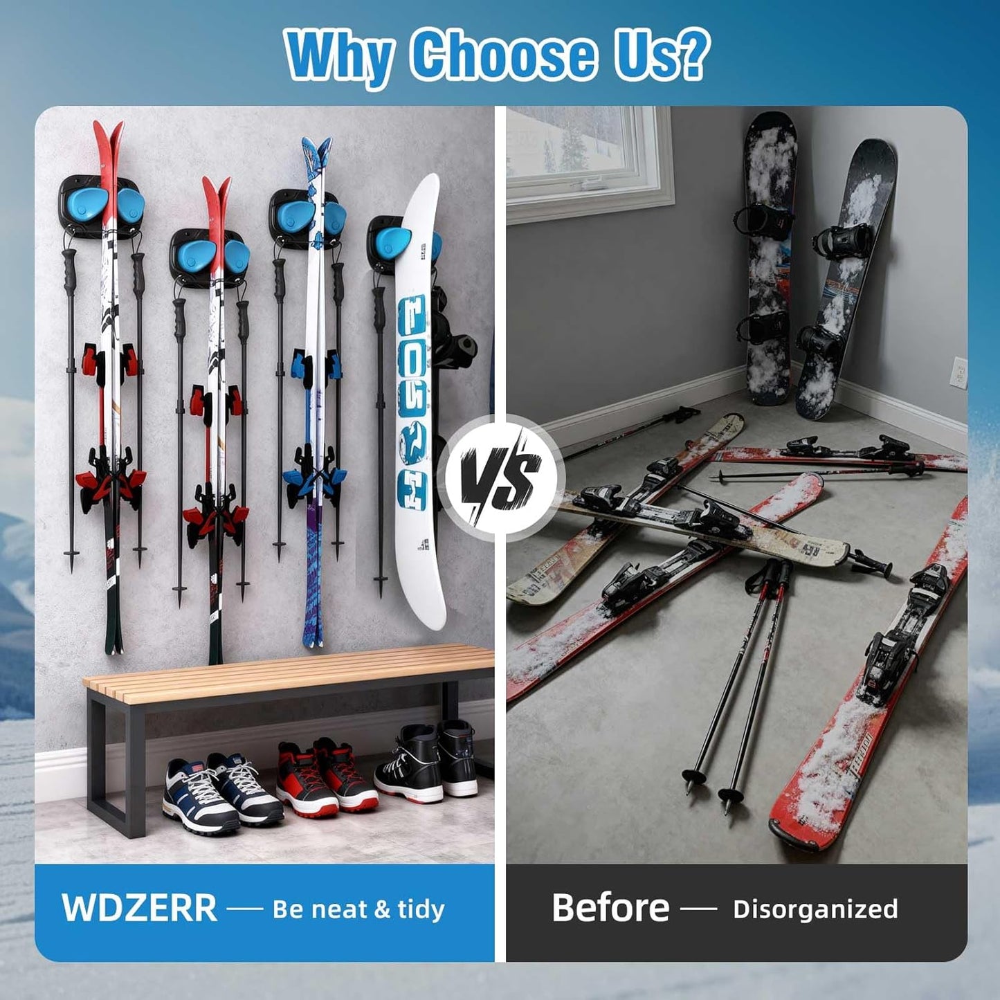 WDZREE Ski & Snowboard Wall Rack for Garage, Fits Any Ski or Board, Ski Wall Mount Garage Organization Holders, Damage-Free Storage Rack, Space-Saving Clamp Winter Gear Organizer, Blue (2 Pack)