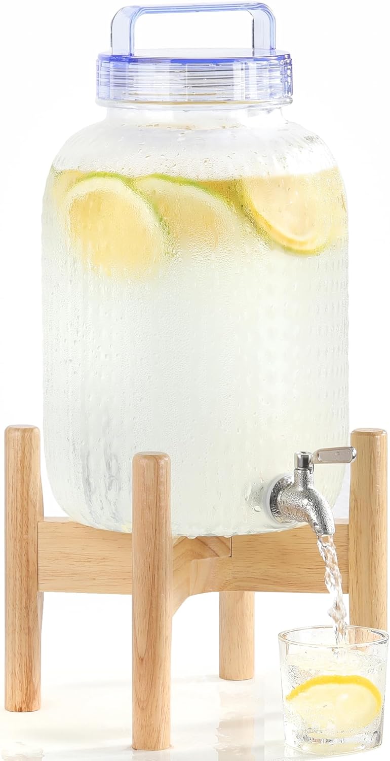 EGGKITPO 2.2 Gallon Drink Dispensers with 304 Stainless Steel Spigot for Parties Lemonade Dispenser with Wood Bracket Clear Cover Polycarbonate Beverage Dispenser for Home Use and Laundry Room