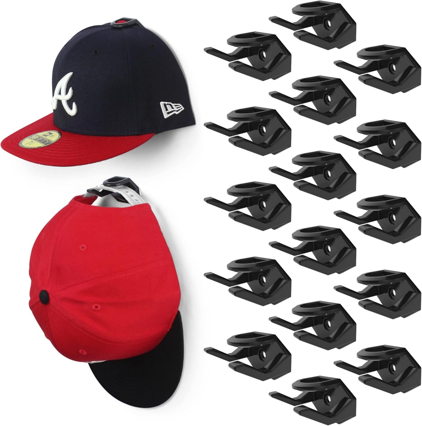 Modern JP Adhesive Hat Hooks for Wall (16-Pack) - Hat Rack for Baseball Caps, Minimalist Hat Display, Strong Hold Hat Hangers for Wall - USA Patented, Black