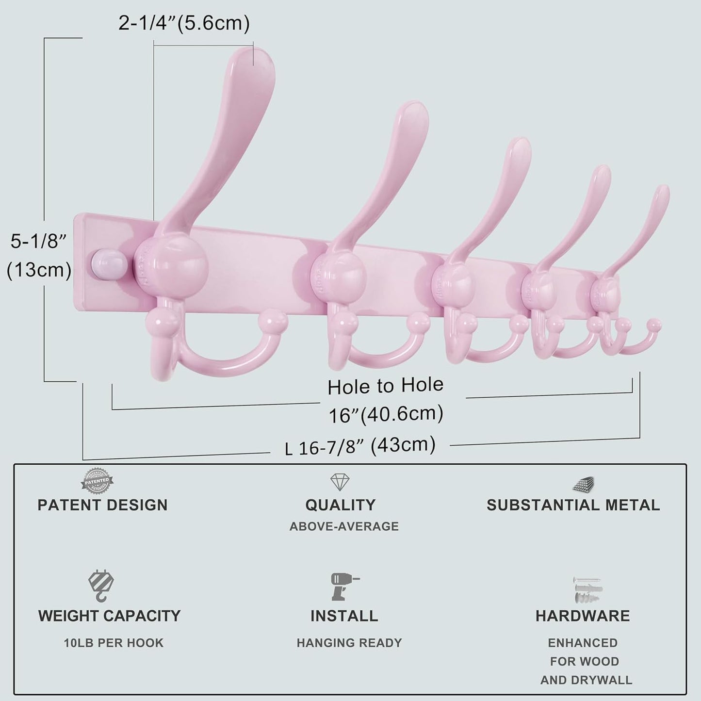 Dseap Coat Rack Wall Mount 2.0 Pro: Heavy Duty 300% Thicker, 16" Stud Mount, Stainless Steel Wall Coat Hooks Hanger for Clothes Jackets Hats Entryway Closet, MaxStrong Series, Pink, Pack of 2