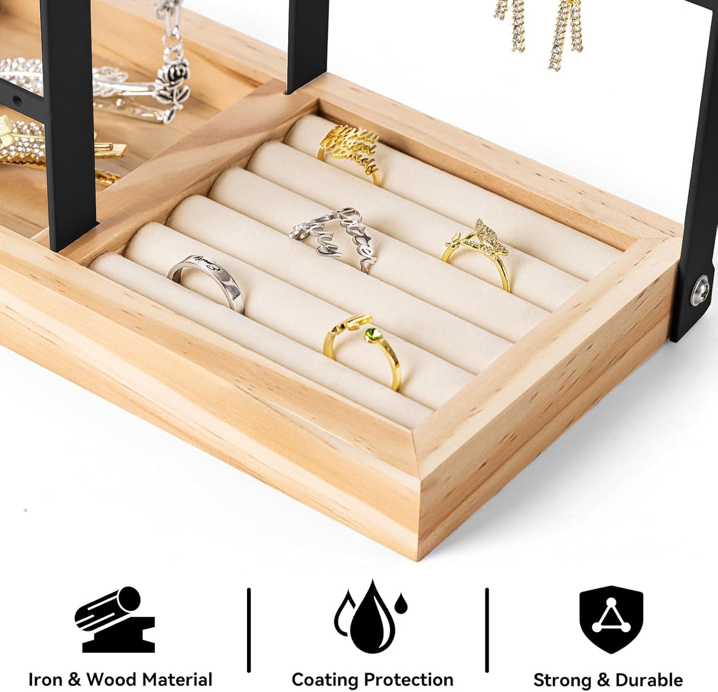 DreamGenius Jewelry Organizer Stand with Velvet Ring Holder, 4 Tier Jewelry Holder Organizer with 11 Hooks for Necklaces and 132 Holes for Earrings, Black