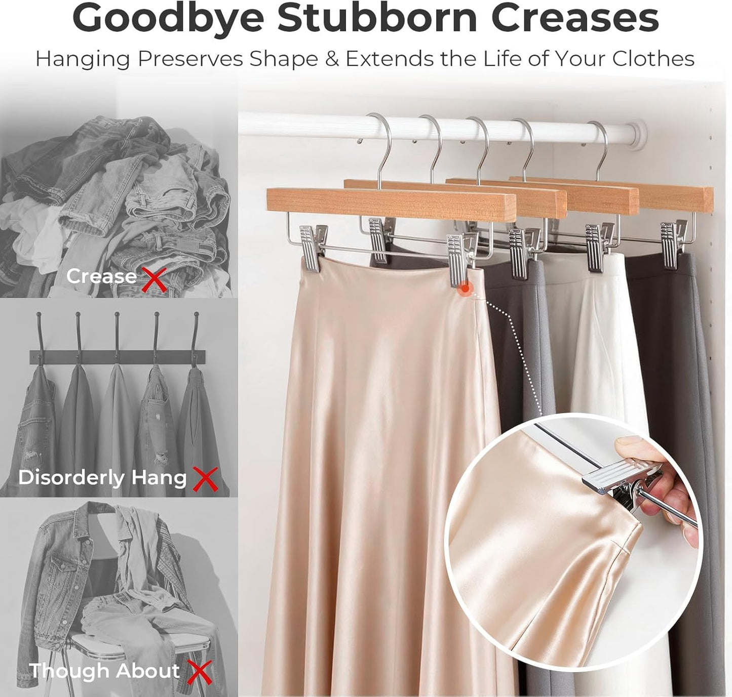 HOUSE DAY Wooden Pants Hangers with Clips, Solid Lotus Deluxe Wood Skirt Hangers, Heavy Duty & Anti-Rust Hook for Wrinkle-Free Slacks, Skirts, Jeans, Space Saving for Closet 20 Pack (Natural)