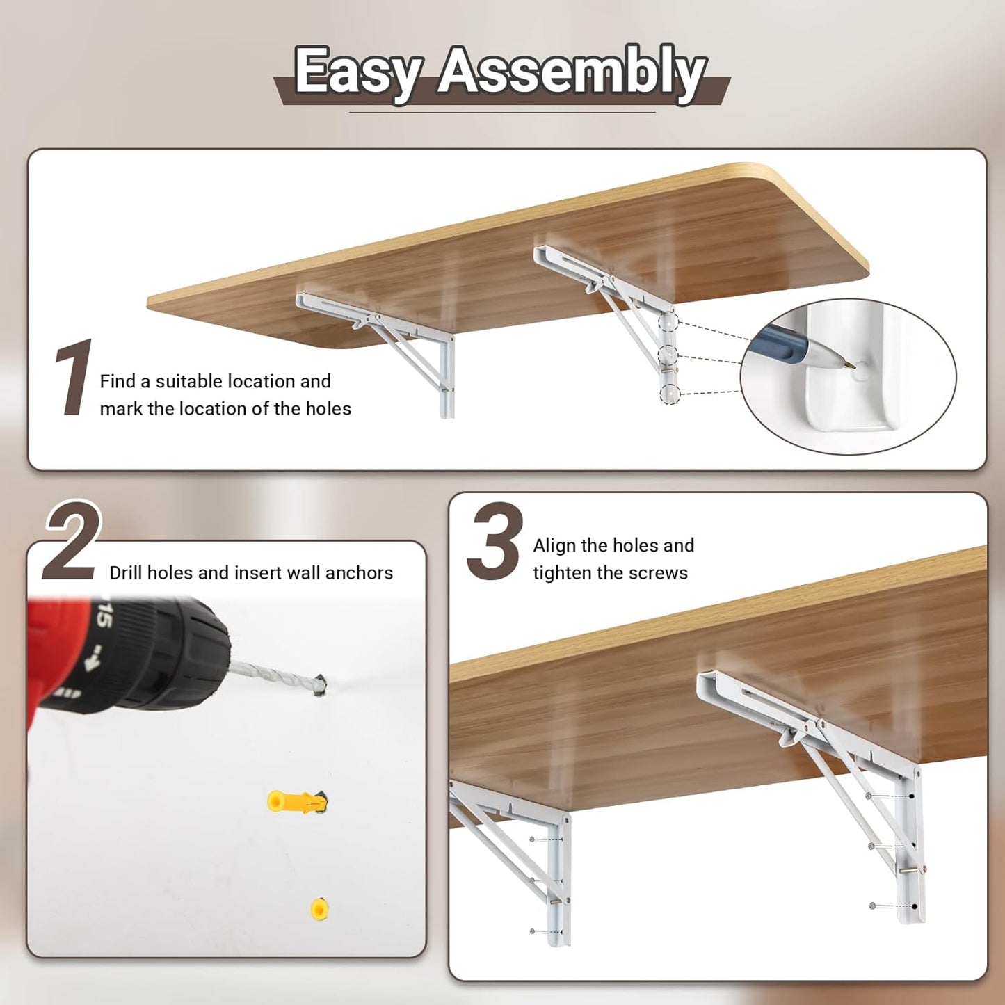 Wall Mounted Folding Table 47.2”L x 19.7”W, Laundry Folding Table with Heavy Duty Metal Collapsible Shelf Brackets, Wall Mounted Desk Fold Down for Small Spaces, Wood Color