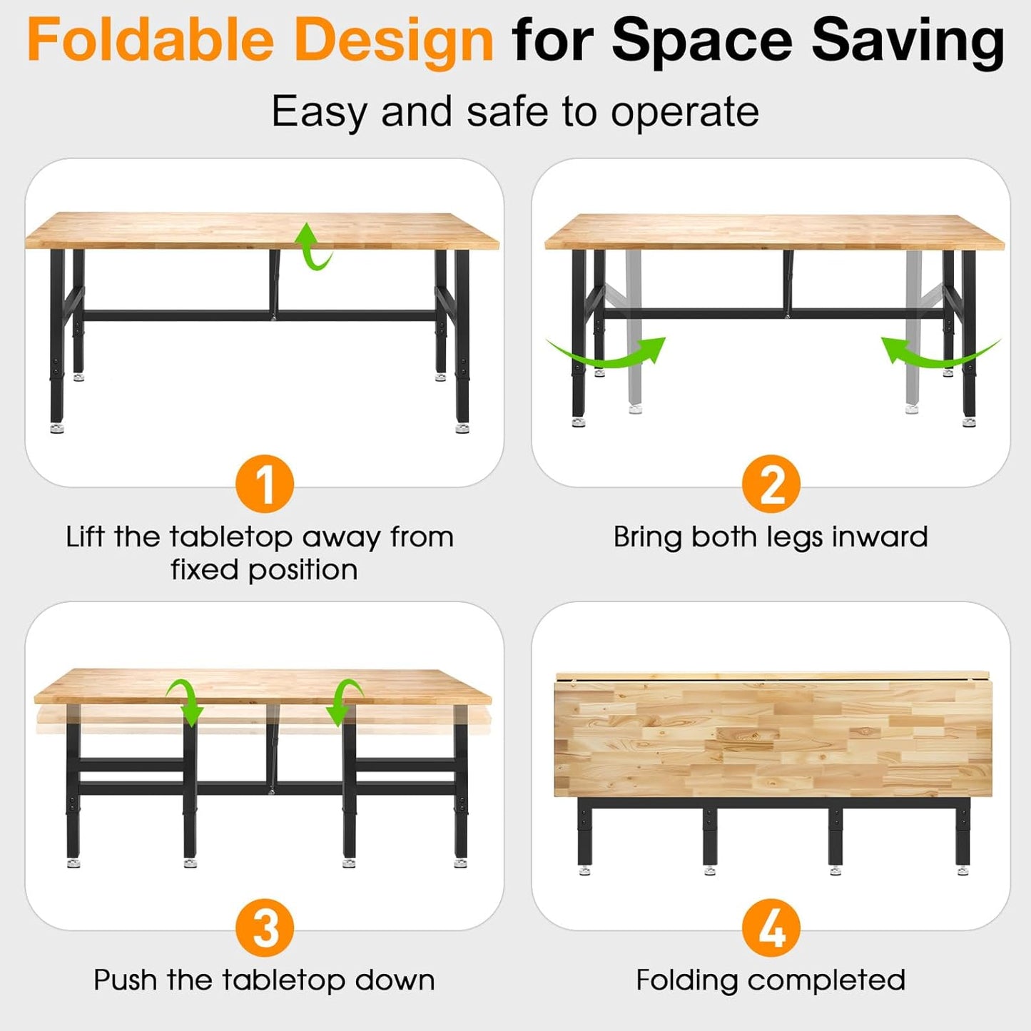 72” Folding Workbench, 3000 LBS Capacity Heavy Duty Workbench, Height Adjustable Foldable Work Table, Rubberwood Collapsible Desk for Workshop, Garage, Office, Home