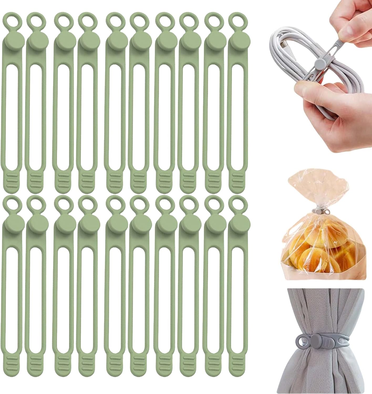 Data Cable Organizer, Silicone Cable Ties Reusable - Elastic Cord Organizer for Electronics, Adjustable Wire Ties for Cable Management,Computer Wires,Phone Charger,Earphone,Home Office (Green, 10PCS)