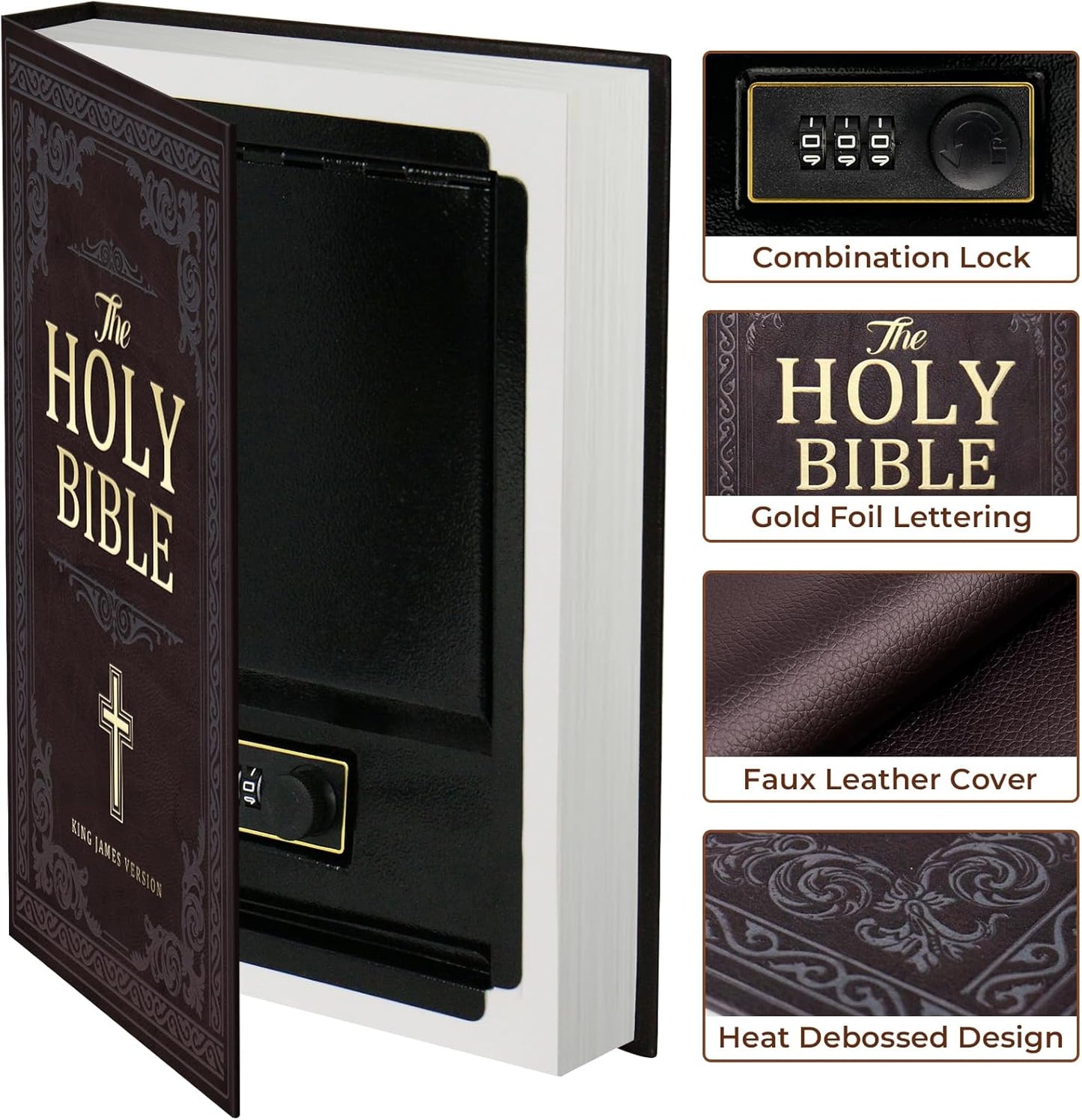 Book Safe with Combination Lock, Hidden Safe (10.9 x 7.7 x 1.8 Inch) with Fireproof Bag, Secret Diversion Safe, Hollow Book Box Hidden Storage, Money Safe Box for Cash (Bible)