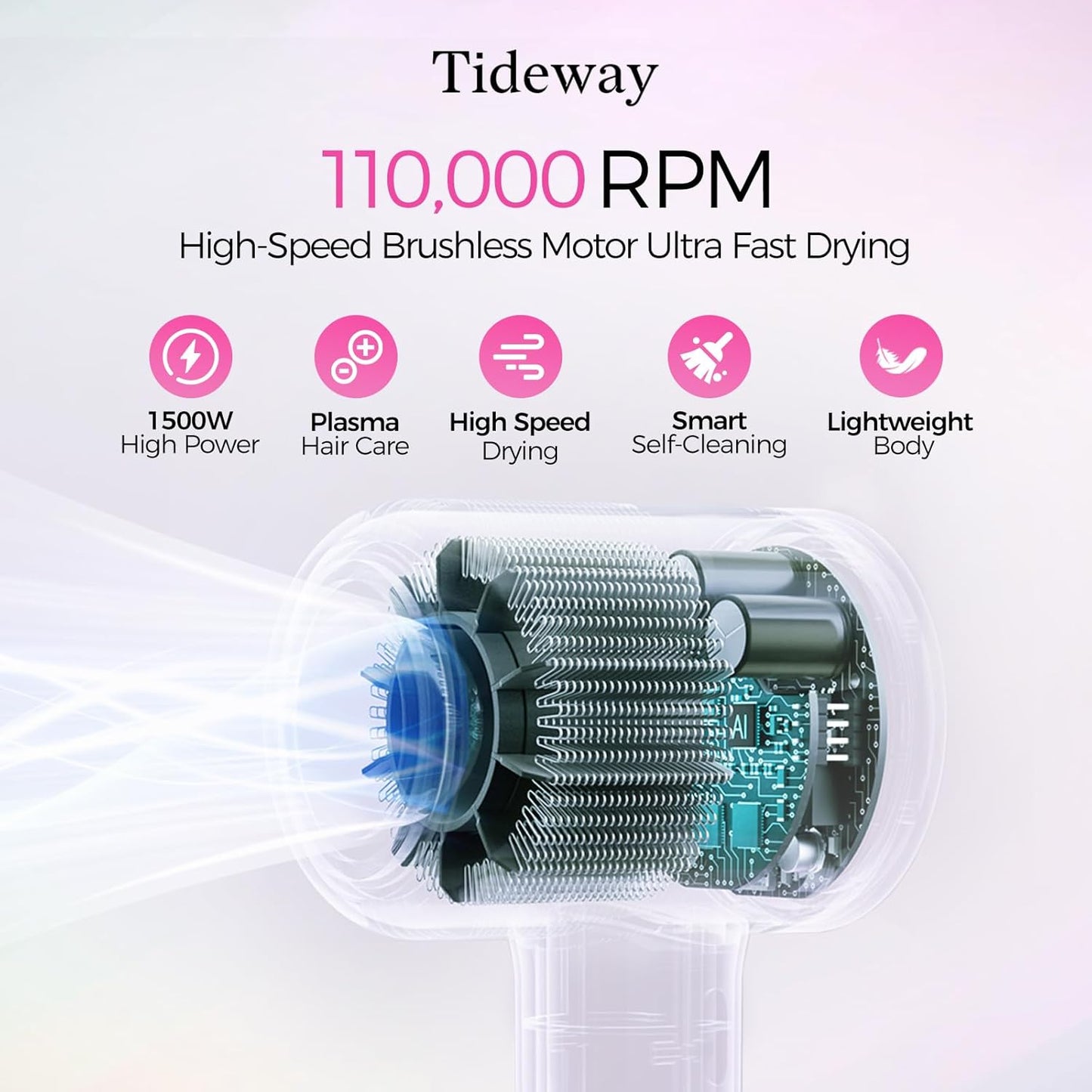 Tideway Hair Dryer, Blow Dryer with Diffuser High-Speed Plasma Ionic Low Noise for Fast Drying, Travel Hair Dryer for Women and Man, Curly/Wavy & Long/Thick Color-Treated Hair H11