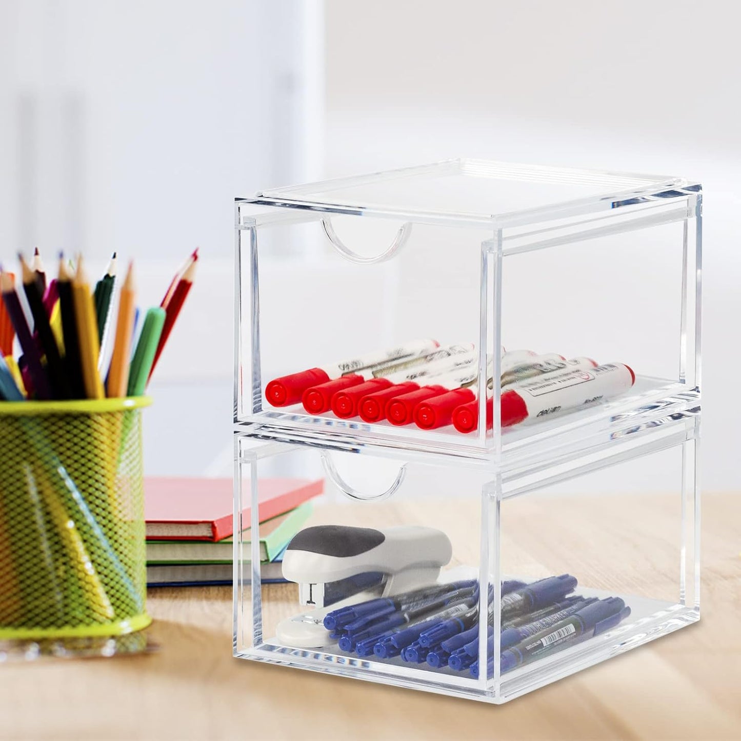 2 Pack Stackable Cosmetic Organizer Drawers, Clear Acrylic Makeup Storage Organizer Box, Plastic Storage Bins Vanity Container for Bathroom Countertop, Bedroom Dresser, Kitchen Cabinets
