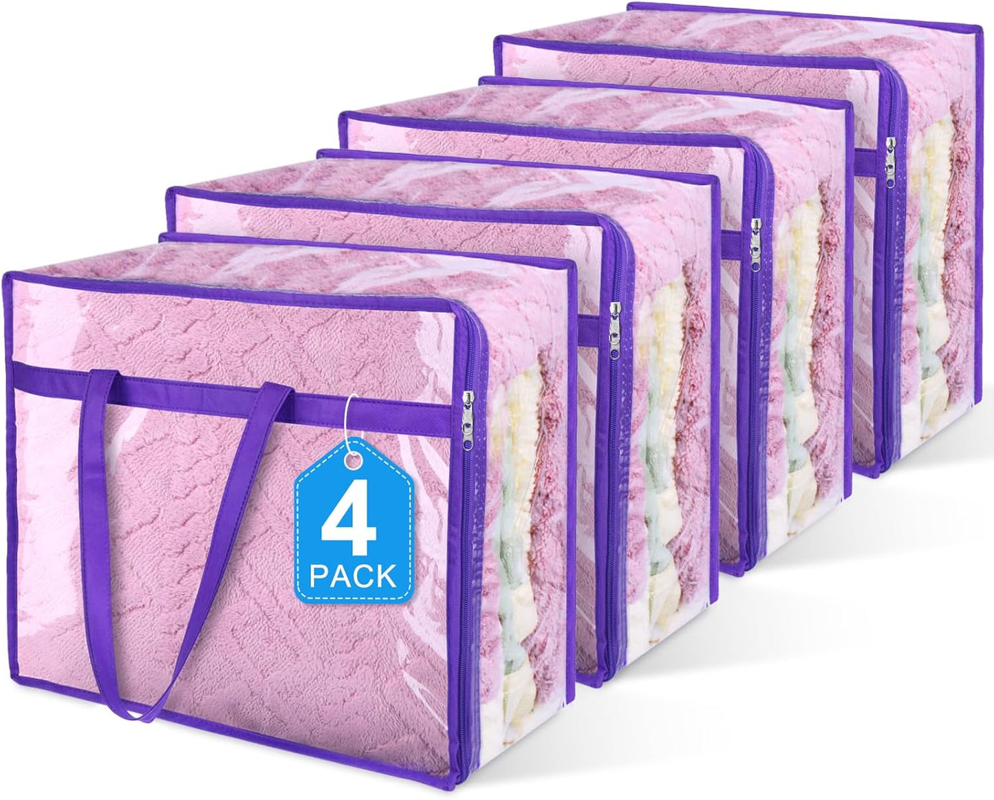 4 Pack Clear Zippered Storage Bags for Clothes, Closet Organizers and Storage Vinyl Bag for Bedding, Linen, Blankets, Comforters, Clothes & Toys Multi Purpose & Space Saver PVC Organizers