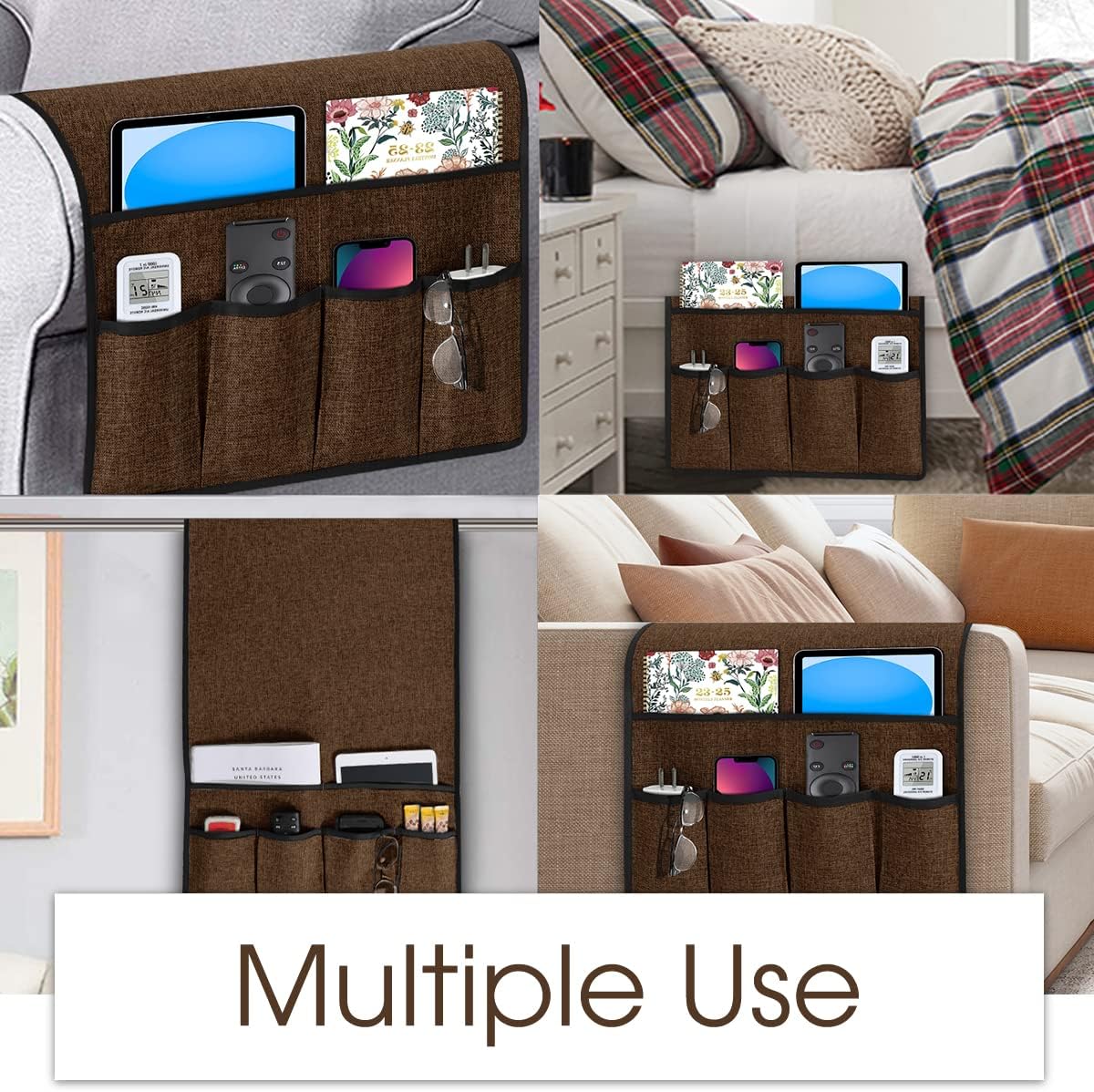 Joywell Recliner Organizer with 6 Pockets Armchair Caddy Remote Control Holder for Couch Armrest Organiser Non Slip Sofa Arm Chair Caddie Storage for Magazine, Tablet, Phone, iPad, Brown
