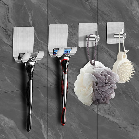 CGBE 4 Packs Shower Hooks for Inside Shower, Self Adhesive Shaver Holder Hanger Hook for Bathroom Damage Free Wall Hooks for Razor Loofah Sponge