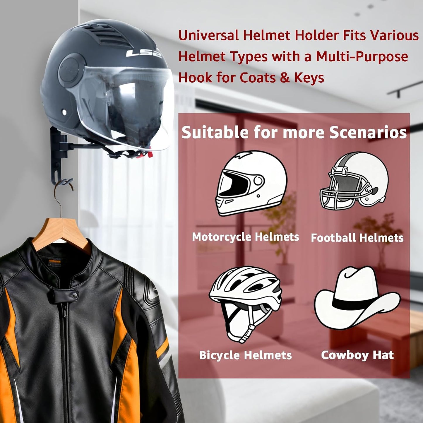 Metal Motorcycle Helmet Holder (2 Pack), 180° Rotating Wall Mounted Helmet Rack with Double Hooks, Helmet Hanger Easy Storage for Helmet, Bike Coats, Caps, Sportswear, Hats & Motorcycle Gear