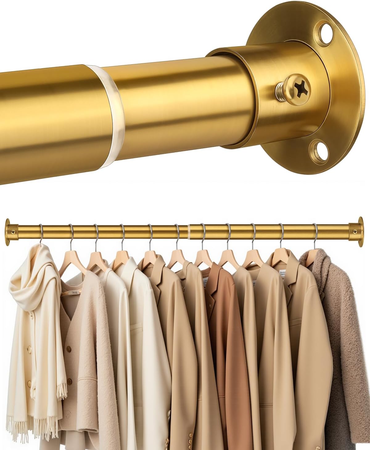 Closet Rods for Hanging Clothes, 17-64 Inch Heavy Duty and Stepless Adjustable Closet Poles, Stainless Steel Closet Hanging Rod for Closet, Wardrobes, Laundry Room, Bathroom, RV (Gold)