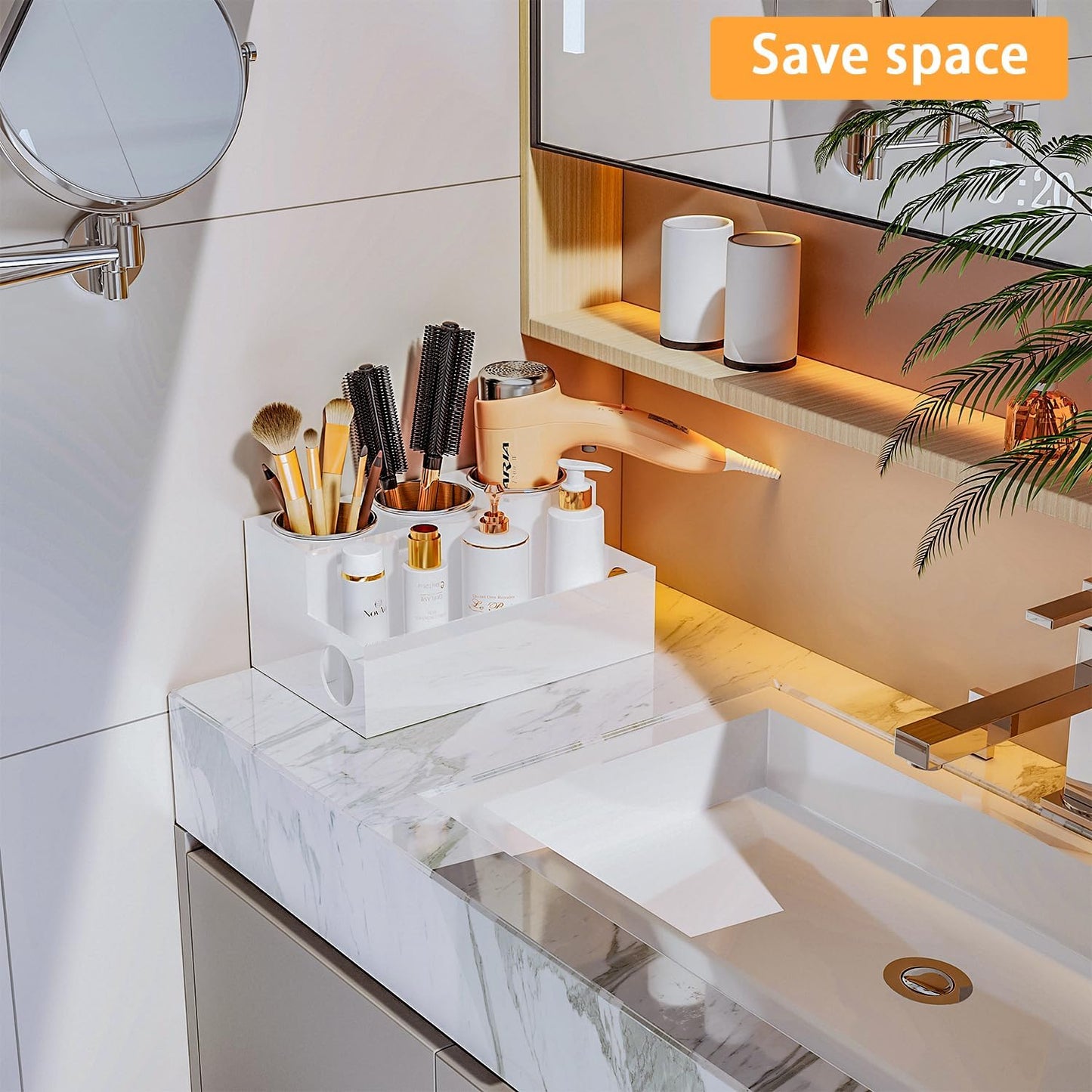 White Hair Tool Organizer Acrylic Hair Dryer and Styling Holder, Bathroom Countertop Blow Dryer Holder, Vanity Caddy Storage Stand for Accessories, Makeup, Toiletries
