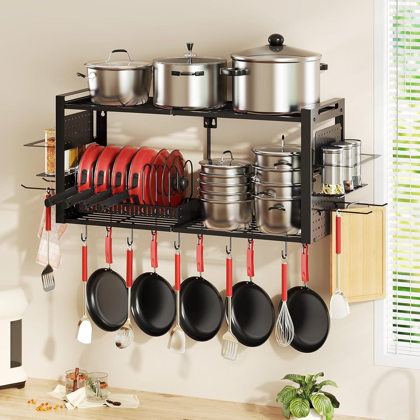 31 Inch Pot Rack Wall Mounted, 2-Tier Pots and Pans Hanging Organizer with 20 Hooks & Pan Organizer and Spice Rack, Heavy Duty Hanging Pot Hanger for Kitchen Cookware, Utensils, Black