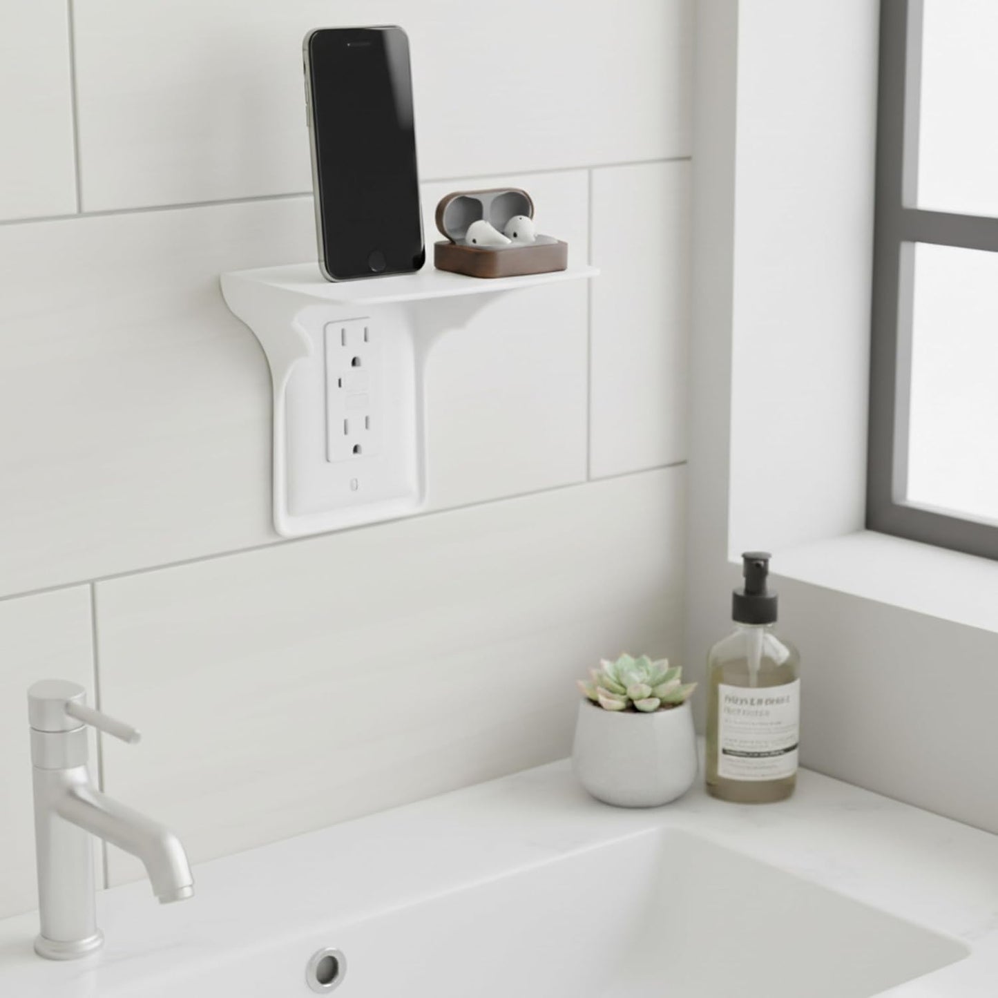 Power Perch Wall Outlet Shelf with Cord Storage Strap - Declutter & Reclaim Bathroom Counter Space - Alexa Stand, Apple Homepod Shelf, Toothbrush Holders Wall Mounted - White, 2-Pack