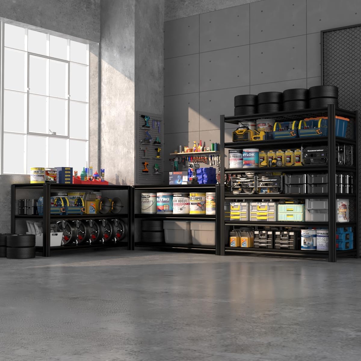 Extra Large/Big 55.12"W Father&I Industrial 6-Heavy-Dudy-Shelf-Rack Utility Tall Garage/Warehouse Shelving Metal/Steel Storage Shelves Unit/System Adjustable for Bin/Shed, 84"*55.12*24", Black