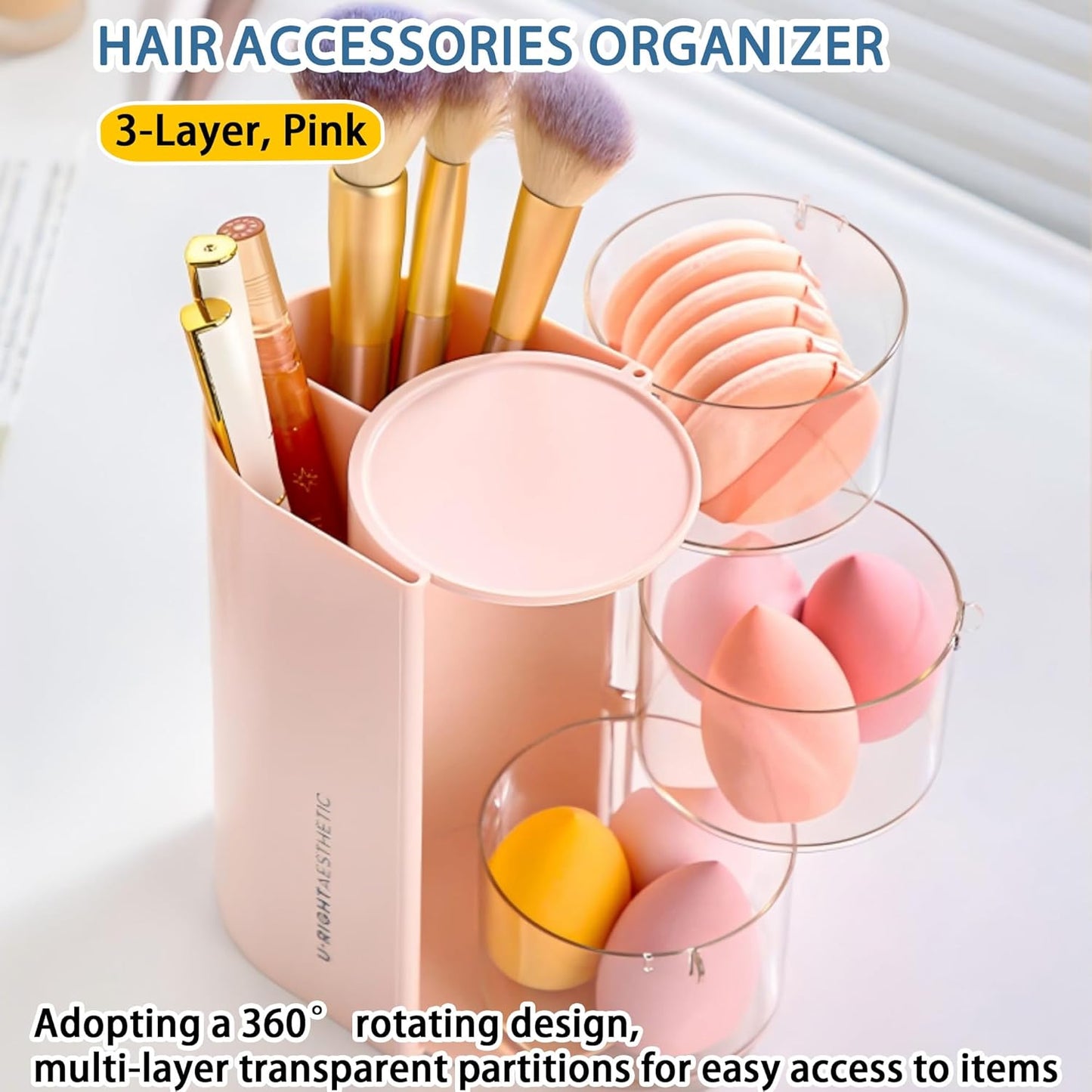 Hair Accessories Organizer with Hair Brush Holder, Rotatable Makeup Brush Holder for Necklaces, Earring, Bracelet, Ring, Makeup Brushes, Hair Clip and Hair Accessories (Pink, 3-Layer)