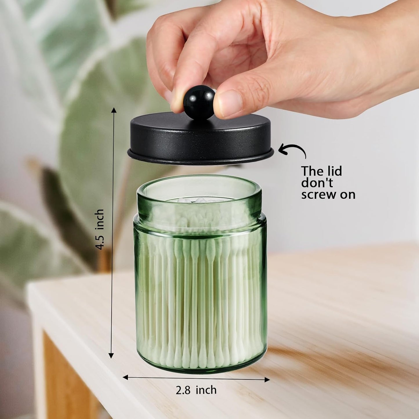 Amolliar Sage Green Glass Apothecary Jar, Qtip Holder Metal Lid & Stickers, Bathroom Qtip Dispenser Storage Canister, Perfect for Cotton Balls, Cotton Swabs, Round Pads, Bath Salt, Floss, Black 2 Pack
