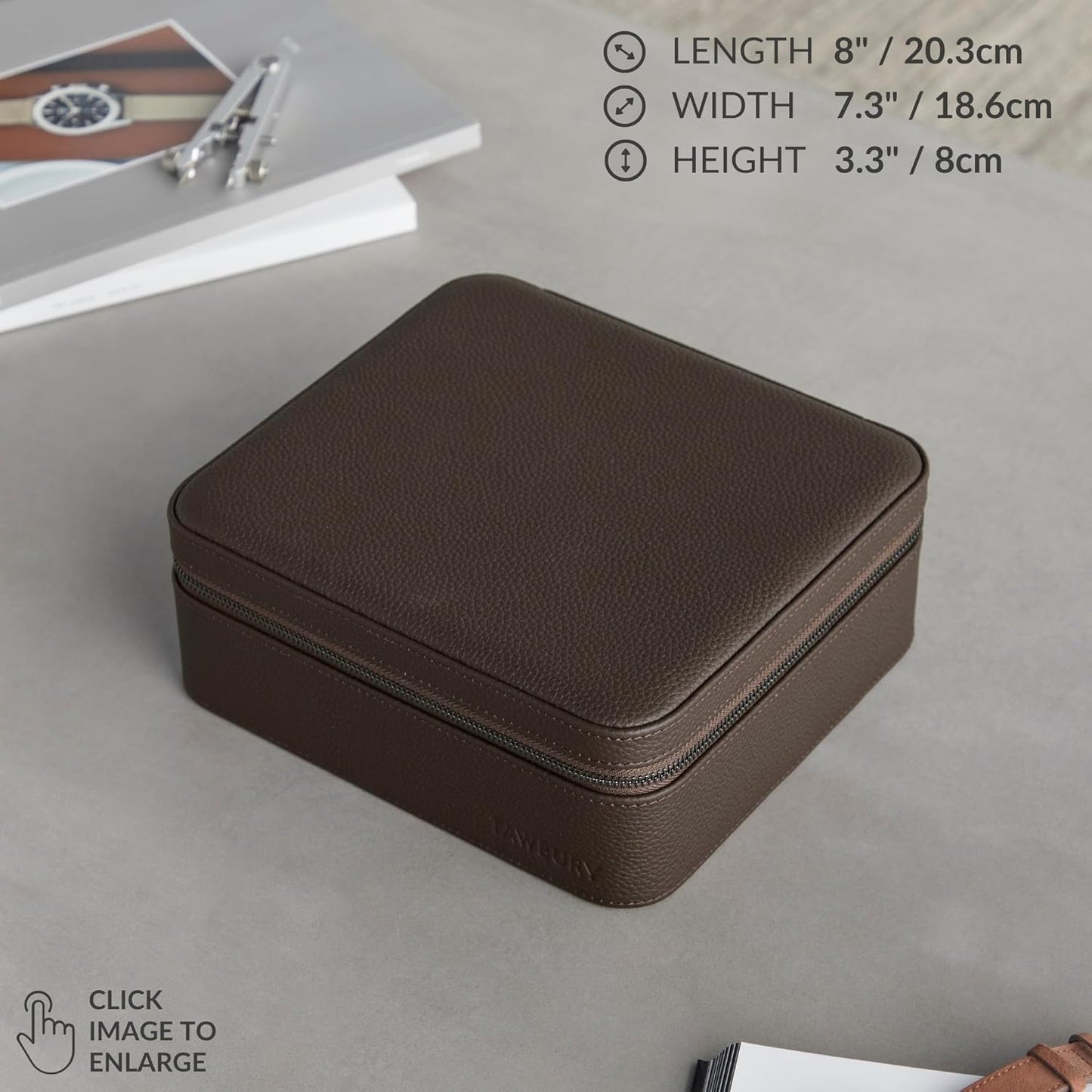 TAWBURY Watch Case - 6 Slot Genuine Top-Grain Leather Watch Box for Men & Women with Extra Wide Pillows for Large Watches - Portable Wristwatch Storage for Home & Travel (Brown)