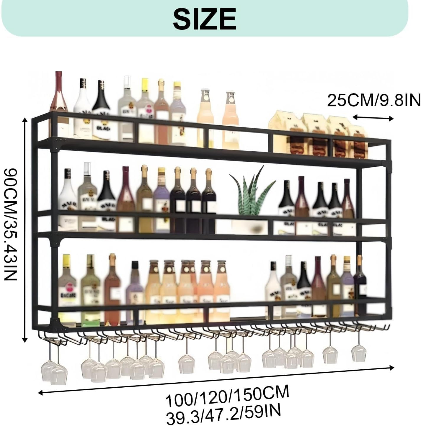 Wall Mounted Wine Rack, Wine Rack Wall Mounted with Wine Glass Rack, Metal Bar Bottle Display Shelf Wine Cups Hanging Holder, for Home Bar Cafe Dining Room Decoration (BLACK, 47.2*10*35.5IN)