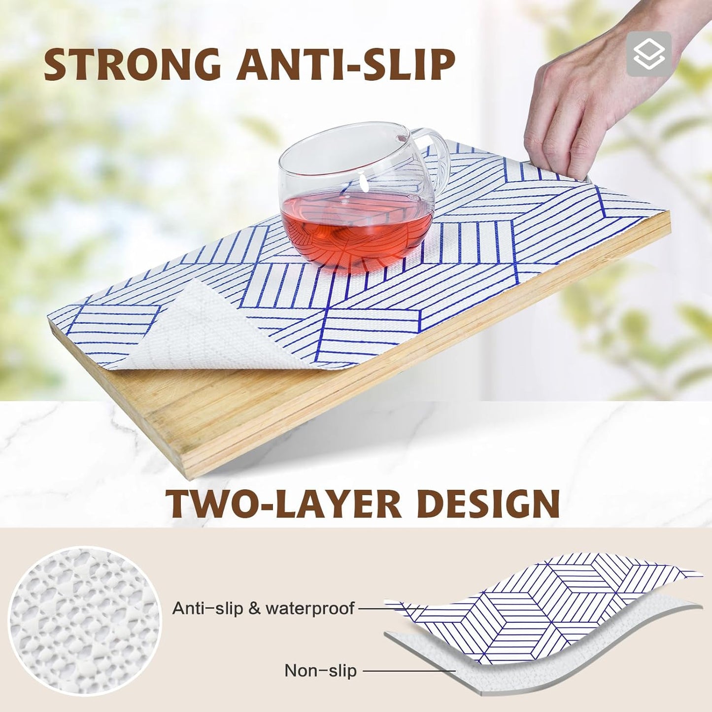 Shelf Liners for Kitchen Cabinets 12in x 20FT, Non Adhesive Cabinet Liner Strong Non-Slip White and Blue Geometric Drawer Liner, Easy to Clean for Shelf, Cabinet with Knife and Tape Measure