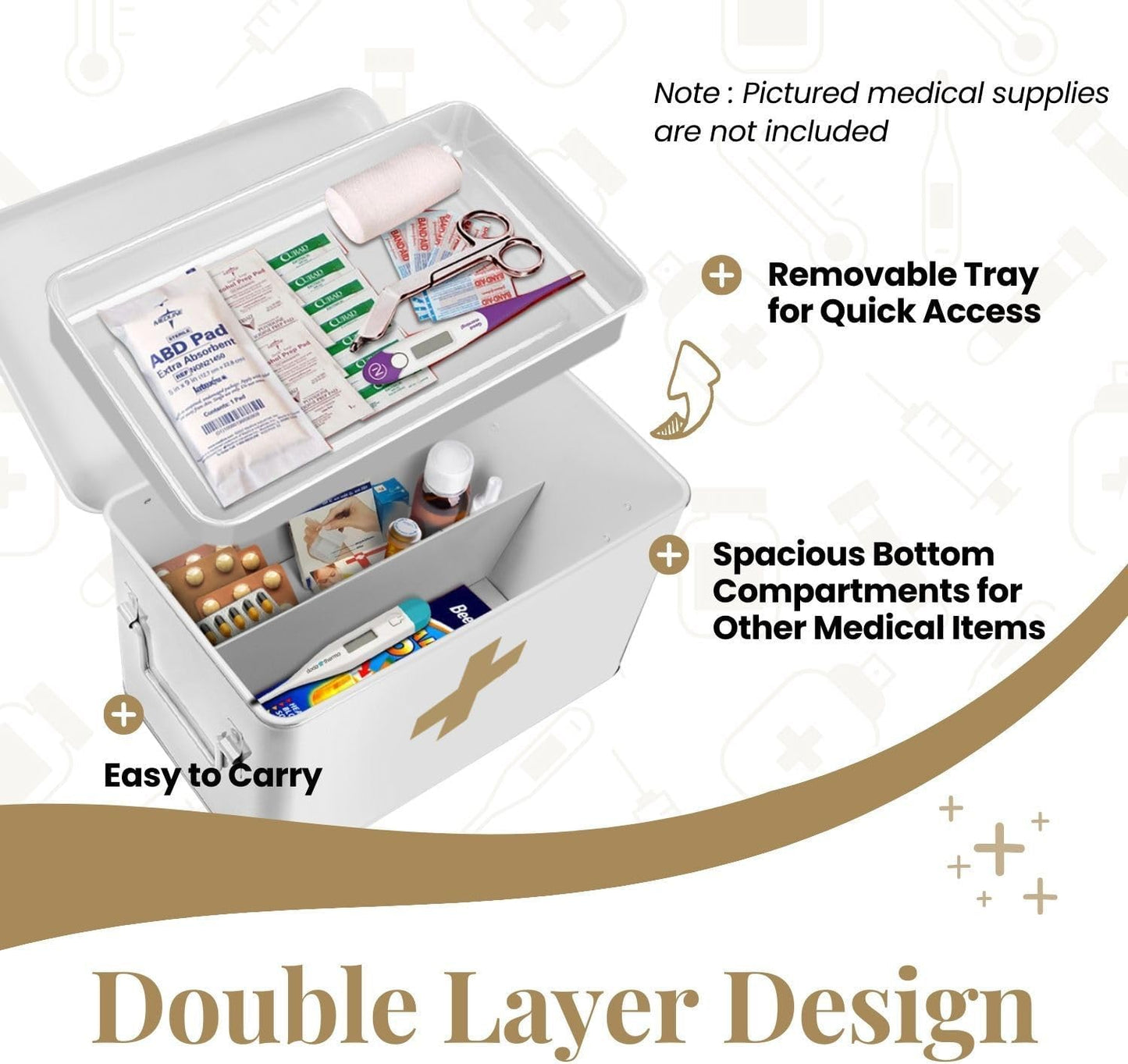 Flexzion First Aid Box Organizer Empty 13" White Vintage First Aid Kit Tin Metal Medical Box - First Aid Storage Box Container Bins with Dividers, Removable Tray and Gold Cross Logo