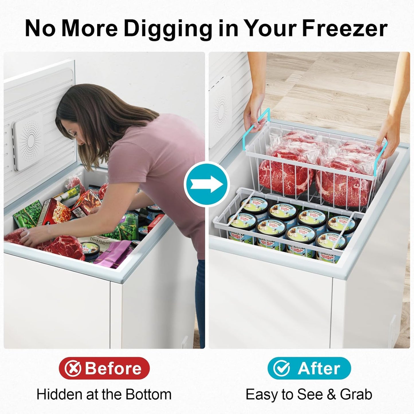 iSPECLE Deep Freezer Organizer Bins - 4 Pack Stackable Small Freezer Organizer Bins for 5 to 7 Cu.FT Small Chest Freezer Sort Frozen Food Easy to Get Food from Bottom without Digging in Freezer, White