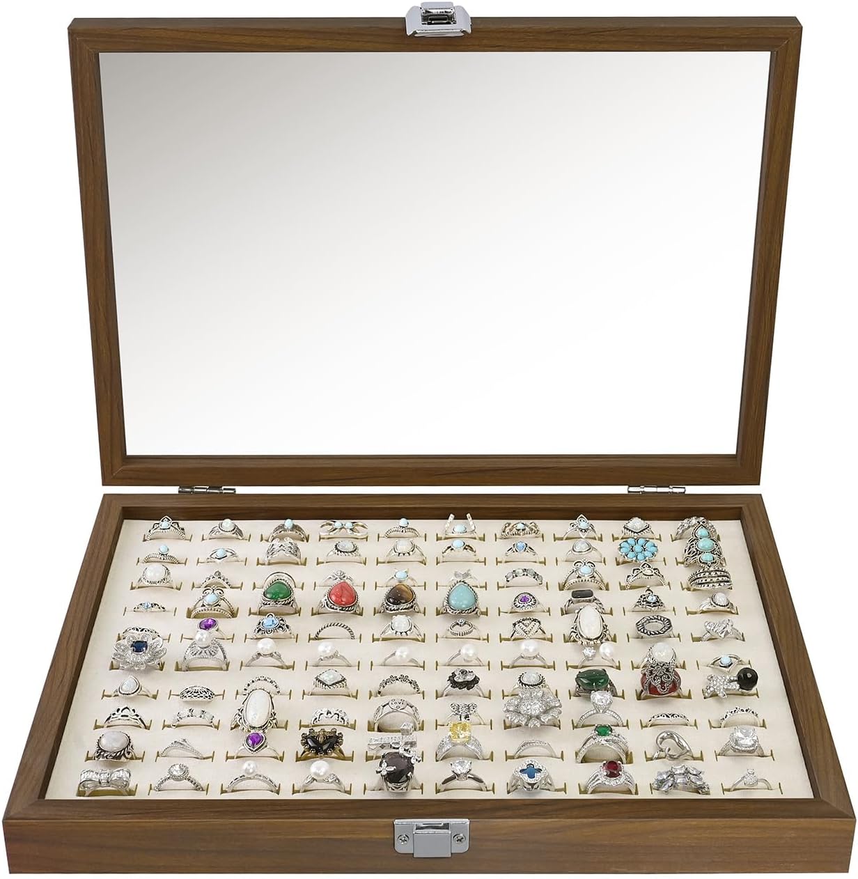 MOOCA 100 Ring Box Jewelry Display Tray, Display Case Accessories Storage Box with Tempered Glass Hinge Lid, Beige Lined Jewelry Tray for Rings, Walnut Color, 14.1W x 10.2D x 2.1H in