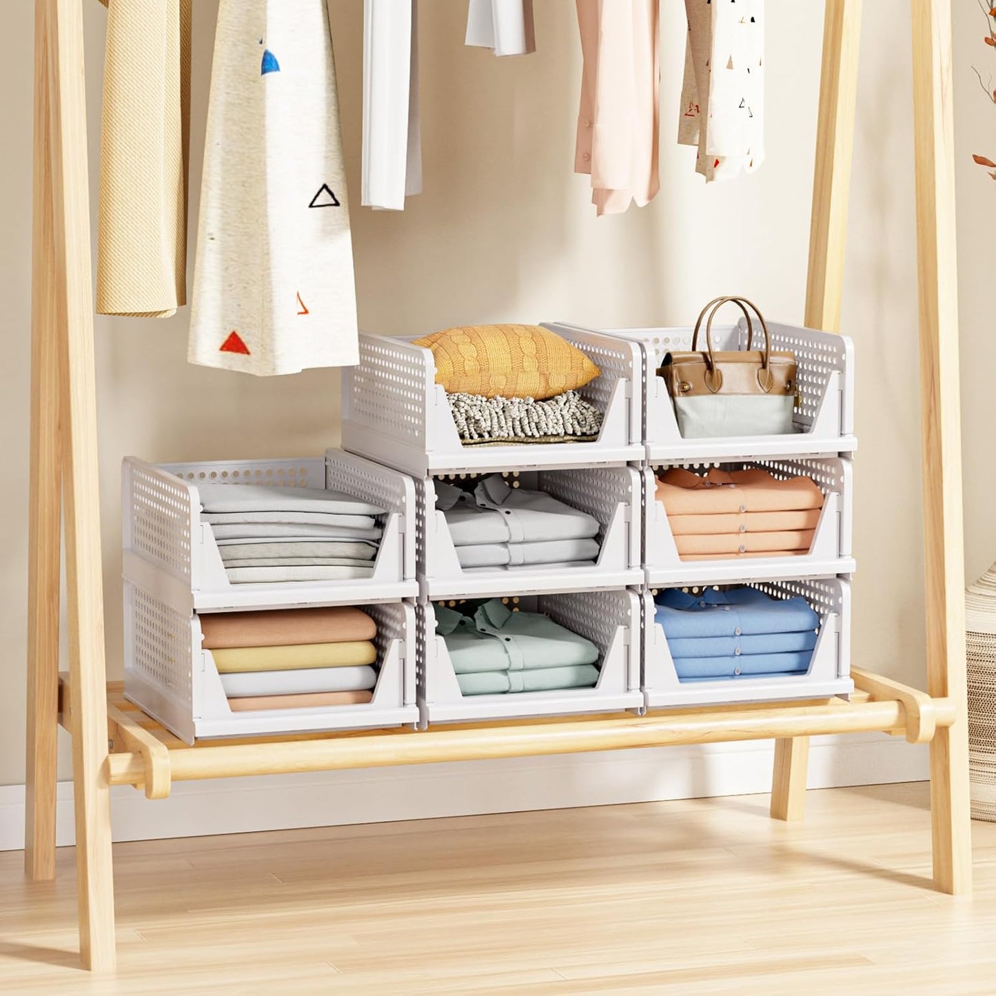 4 Pack Stackable Closet Storage Basket - Stackable Storage Bins, Multifunctional & Foldable Closet Organizer Divided, Wardrobe Cupboard Space-Saving Clothes Storage Hat Organizer, White
