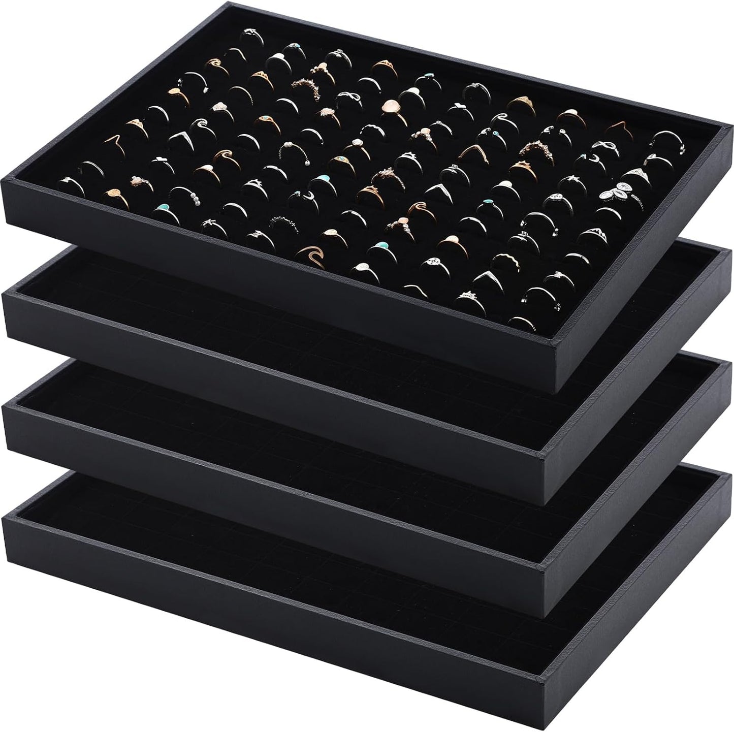 Wenqik 4 Pcs Cardboard Ring Holder with Velvet Lining, 100 Slot Inserts Stackable Ring Display Tray,13.8 x 9.4 x 1.2 inch(Black)