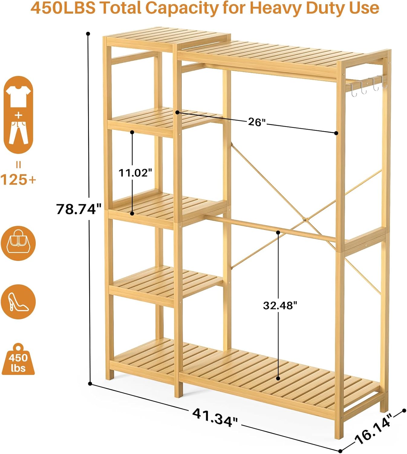 Homykic Bamboo Clothes Rack Garment Rack for Hanging Clothes, Heavy Duty Clothing Rack with 7 Tiers Adjustable Shelves, Double Rods, 4 Hooks, Freestanding Closet System Organizer Wardrobe, Natural