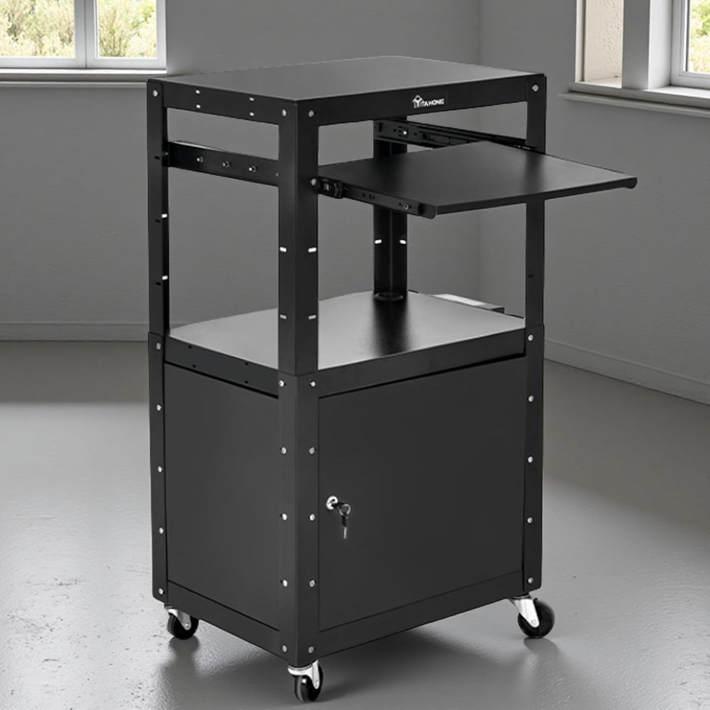 YITAHOME Rolling AV Cart with Wheels & Locking Cabinet, Keyboard Tray & 16.4ft Extra-Long Power Cord, Mobile Presentation Media Cart for Computer Laptop Printer Projector, Black