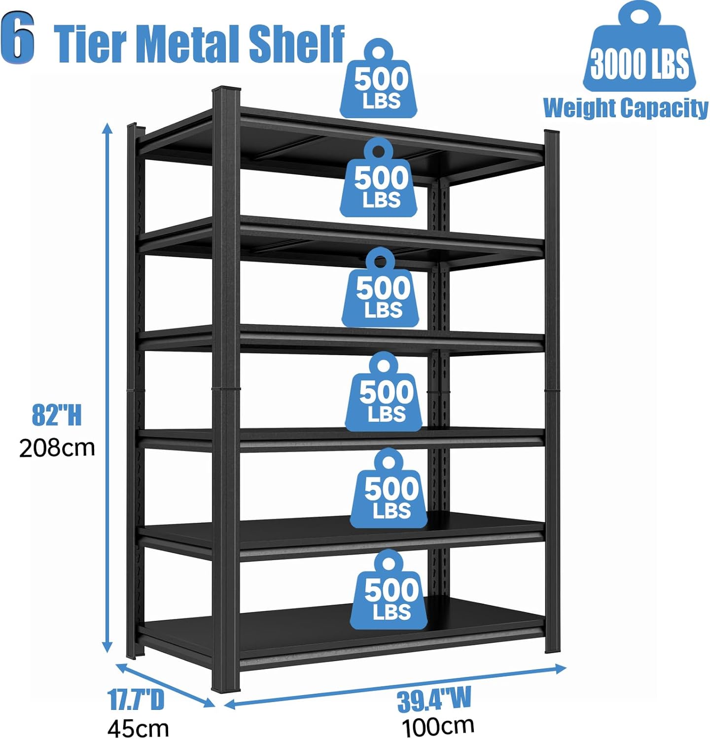Garage Storage Shelves,5 Tier Shelving Unit, 40 inch Wide, 18” Deep, 78” Tall Organizer Metal Shelf for Basement/Laundry/Pantry Heavy Duty, Adjustable,Easy to Install (6Tier-39.4"Wx17.7"D"x82"H)